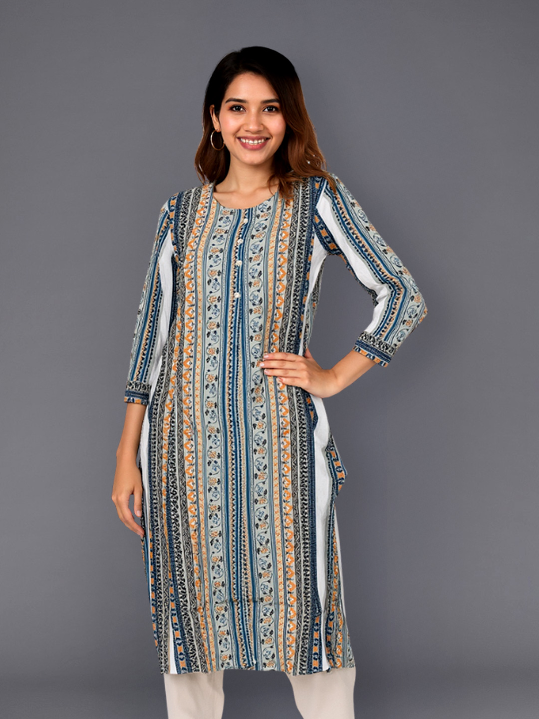 Picture of Elegant Striped Floral Kurta for Everyday Charm